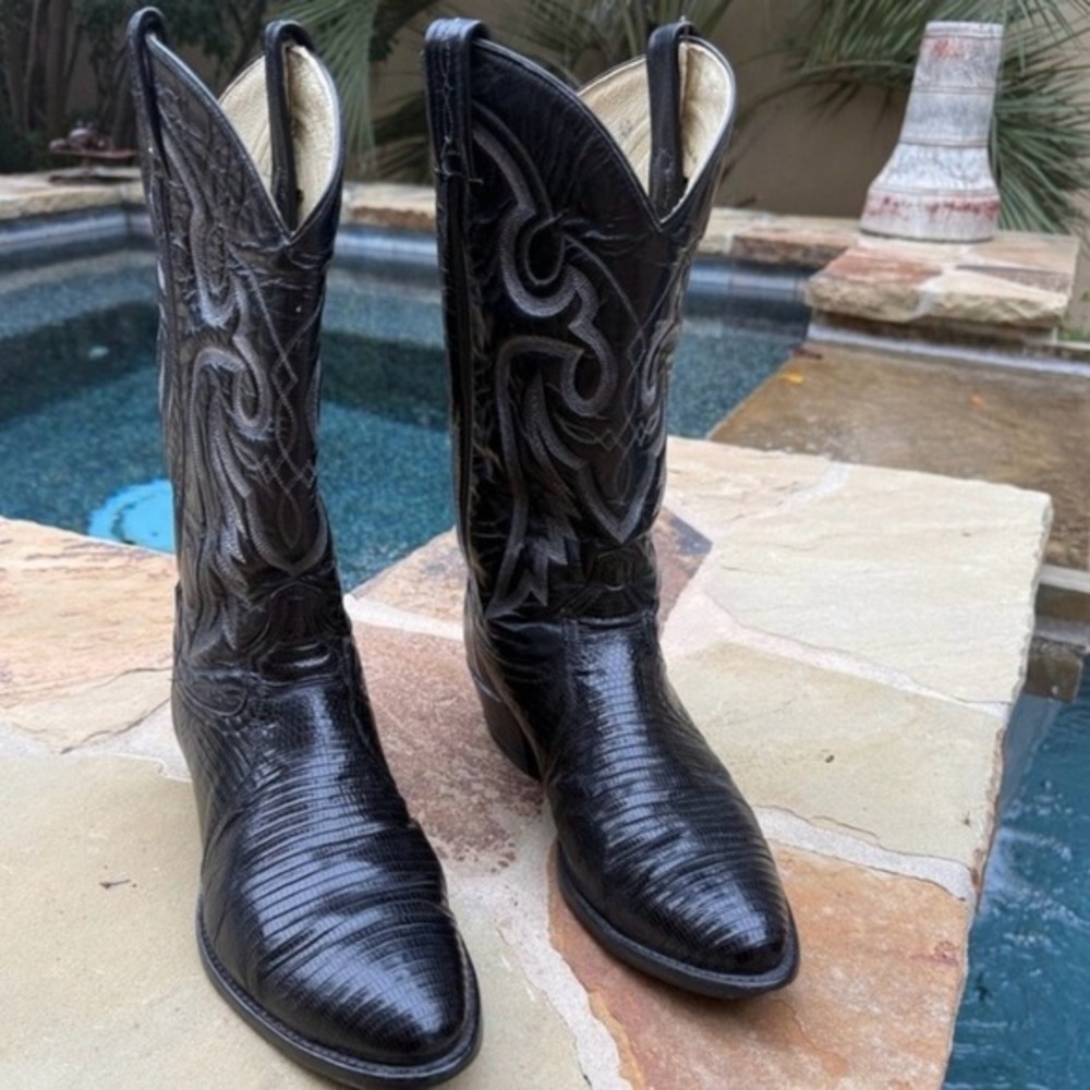 Tony‎ Lama Black Teju Lizard Cowboy Boots Mens 10D USA Western Exotic Leather